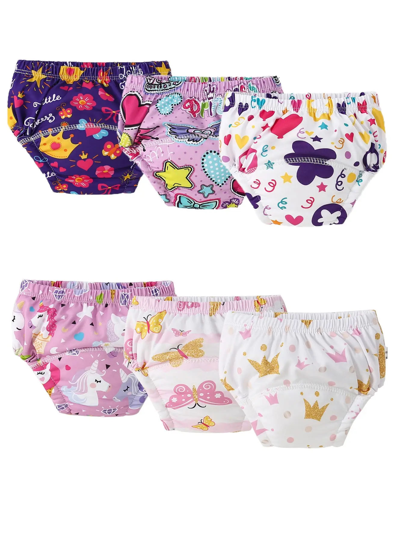 6-Pack Girls Potty Training Underwear, Toddler Training Underwear, Washable Baby Diaper Training Pants, Cute Unicorn Crown Butterfly Heart Patterns, Waterproof Triangle Briefs