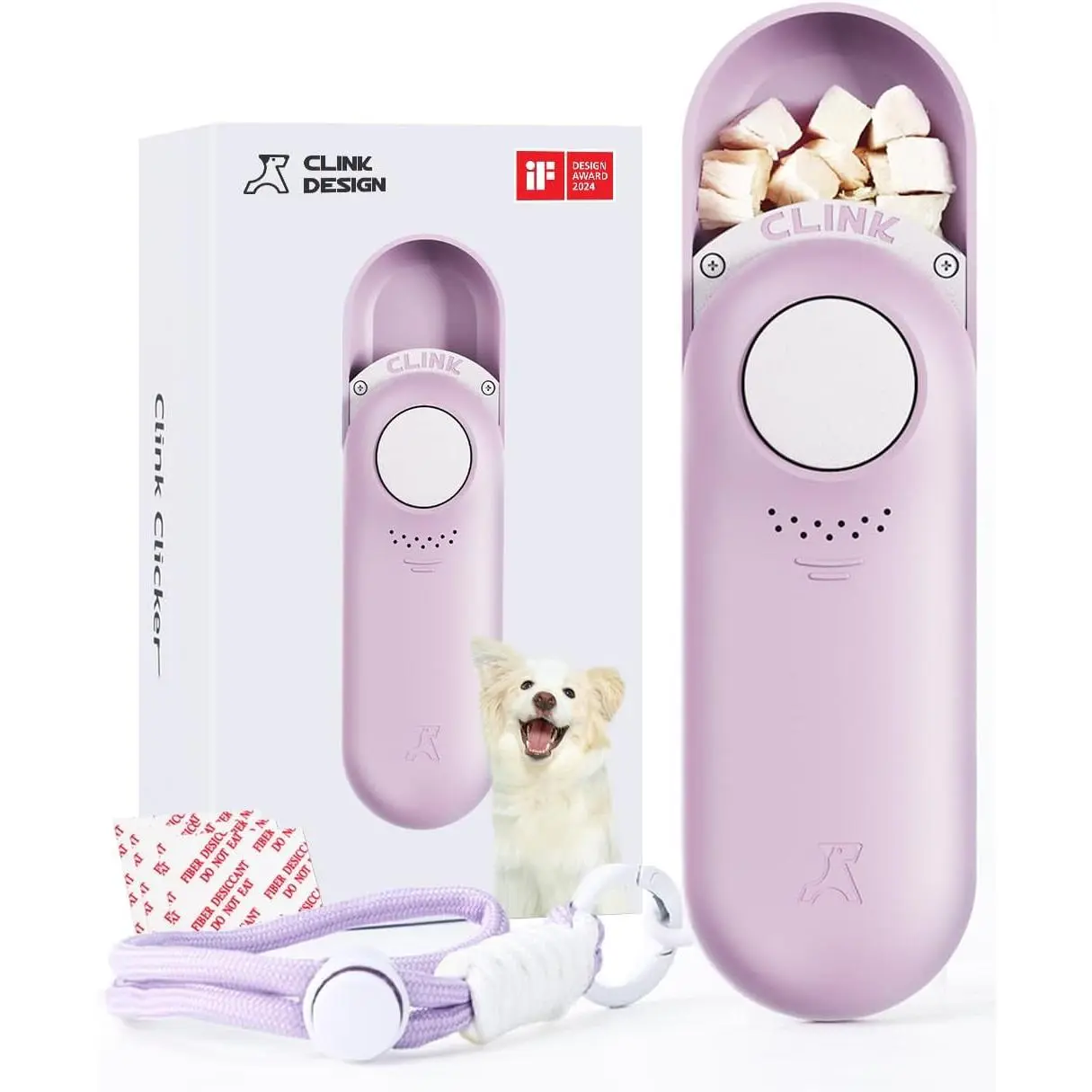 Clink Design Dog Training Clicker and Clicker Dog Trainer with Built in Treat Storage, Compact Dog Clicker for Puppy Training or Cat Clicker, 2.36 oz, Purple