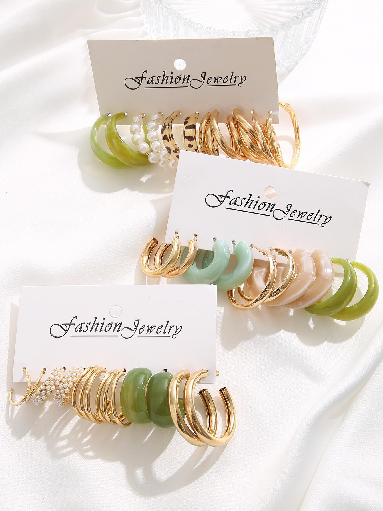 Faux Pearl Decorated Hoop Earrings, 15 Pairs Elegant Colorblock Design Fashionable Hoop Earrings, Fashion Accessories For Women