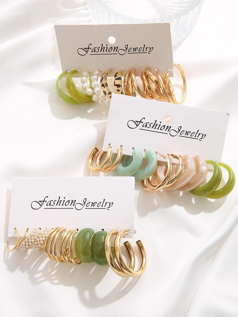 Faux Pearl Decorated Hoop Earrings, 15 Pairs Elegant Colorblock Design Fashionable Hoop Earrings, Fashion Accessories For Women