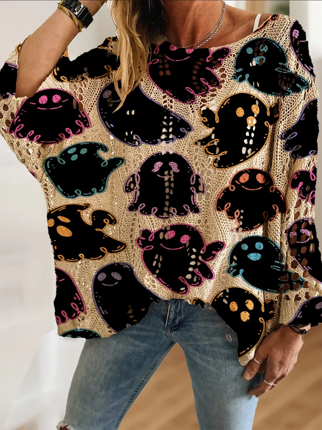 Women's Halloween Ghost Print Round Neck Long Sleeve Knit Top, Casual Elegant Vacation Style Sweater, Comfortable Breathable Women's Shirt