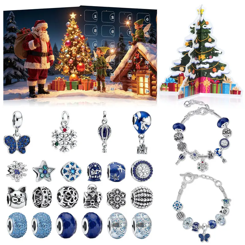 Blue Christmas Advent Calendar 24-Grid Countdown DIY Jewelry Bracelet Gift Box Set Beaded DIY Kit, Perfect Christmas Gift, Advent Gift
