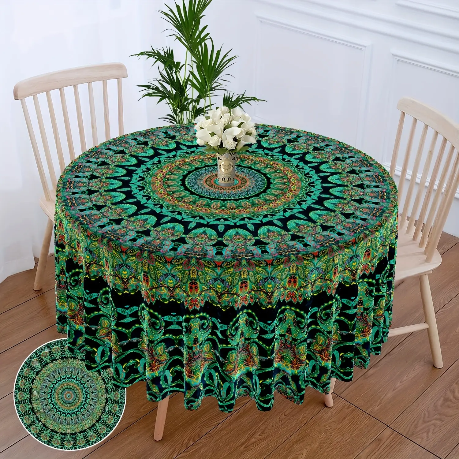 1pc Round Tablecloth with Red Floral Print, Stylish Terrace Dining Table Cover, Vintage Mandala Multi-Functional Decor Can Be Used as Tapestry, Head Scarf, Multi-Purpose Towel and Outdoor Picnic Mat for Backyard Barbecue; 63-Inch Round Tablecloth Availabl
