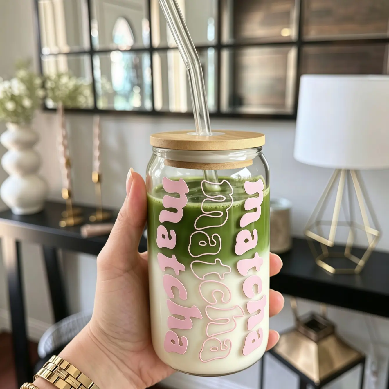 Transparent Letter Matcha Glass Straw Cup Set, Includes Lid and Straw, Eco-Friendly Fashionable Glass Straw Cup, Glass Tumbler with Straw Cup, Essential for Matcha Lovers
