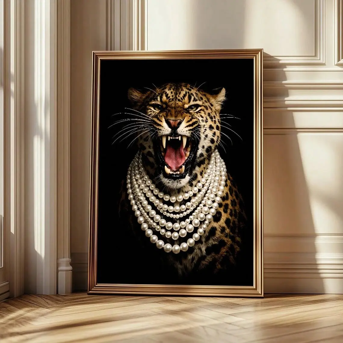 1PC Wall Art, Roaring Leopard With Multi-Layer Pearl Necklaces Black Background Fashion Animal Portrait Posters and Prints, Luxury Modern Wall Decor, Art Decorative painting, Best Gifts, For Living Room, Bedroom, Home Decor, Unframed