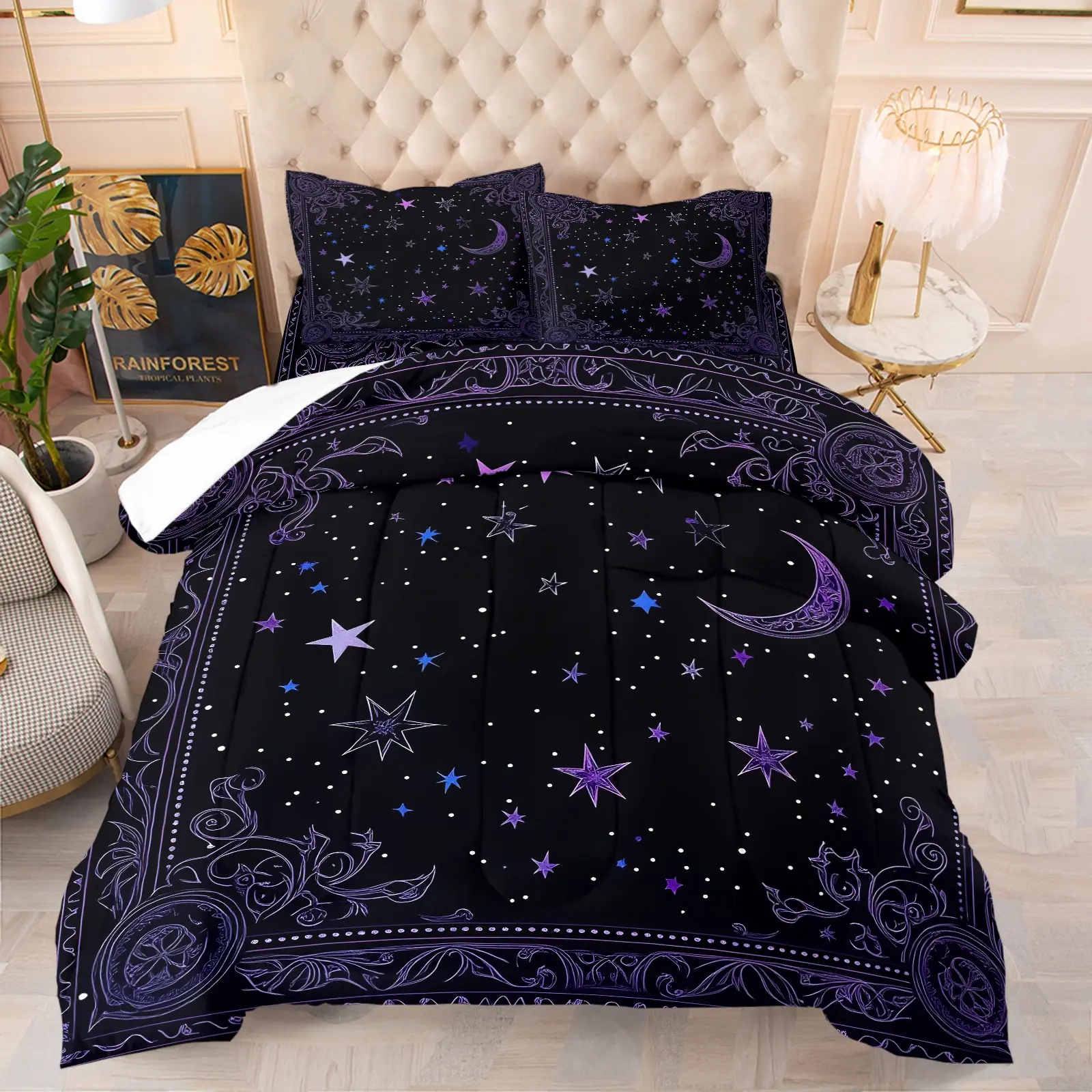 2/3Pcs Purple Celestial Moon Star Comforter Set Soft Microfiber Vintage Ornate Border Galaxy Night Sky Print Bedding Mystic Witchy Bed Set For Gothic Dark Bedroom All Season Decor