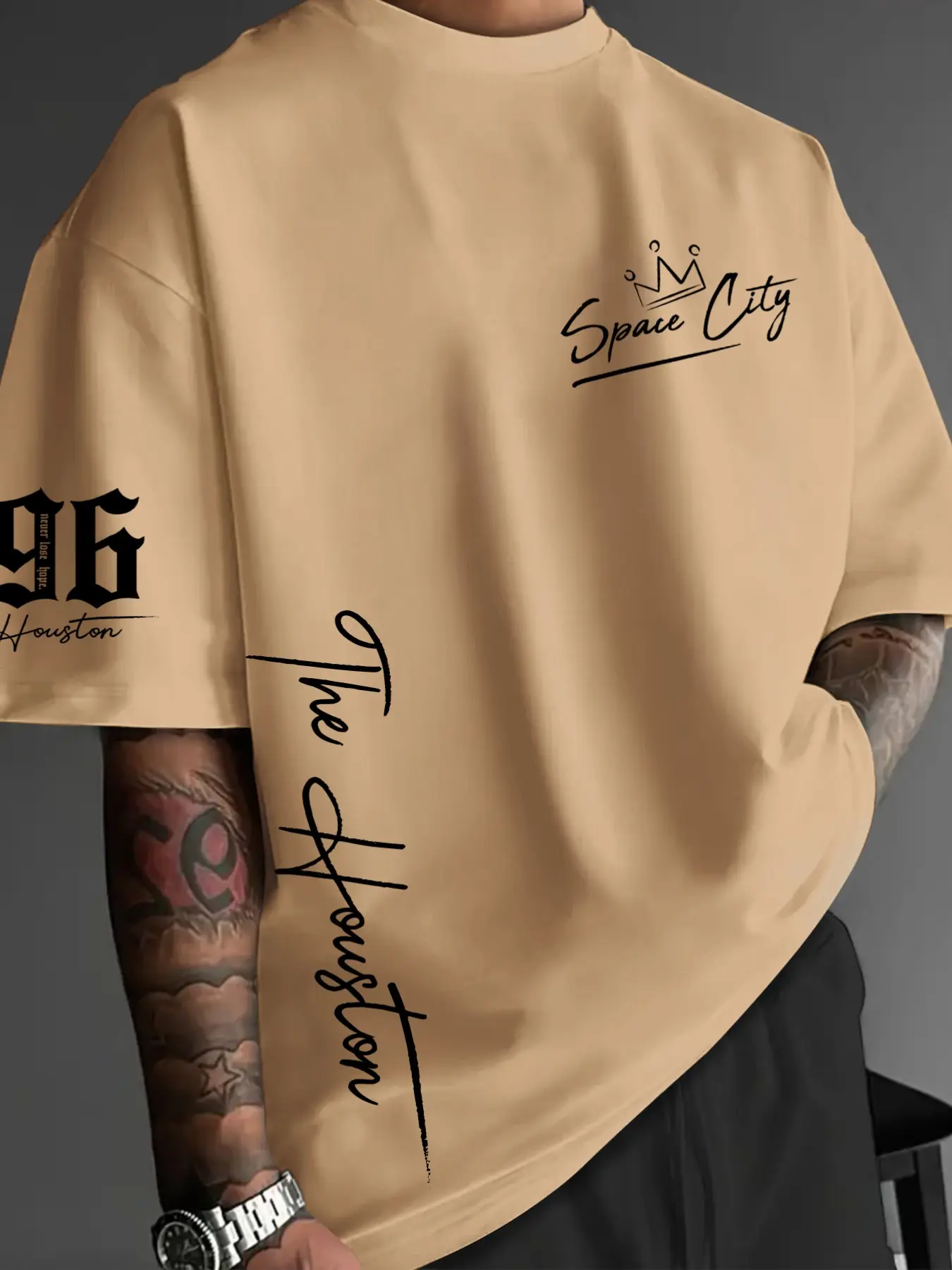 Men's Loose-Fitting T-Shirt, Crown Lettering, City Handwriting Print, Gothic Font, Polyester, Street Style, All Seasons
