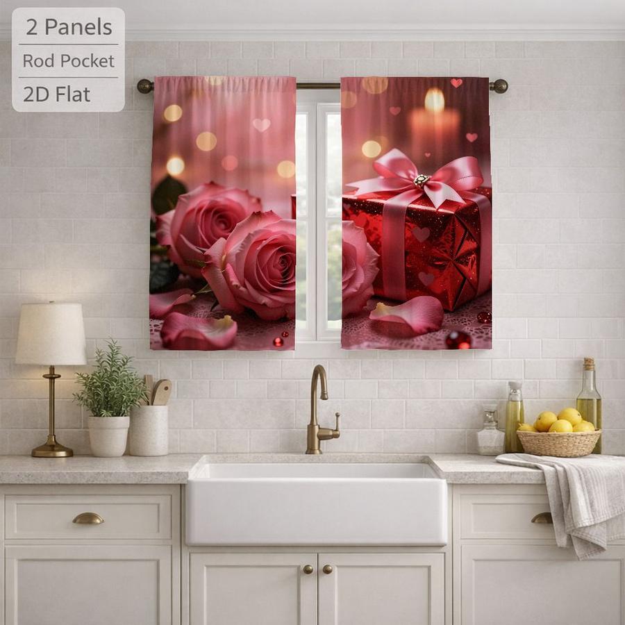 2Pcs Romantic Pink Rose Flower Gift Box Sun Blocking Curtains Digital Printed Rod Pocket, Window Treatment For Bedroom Office Kitchen Living Room Study Home Decor