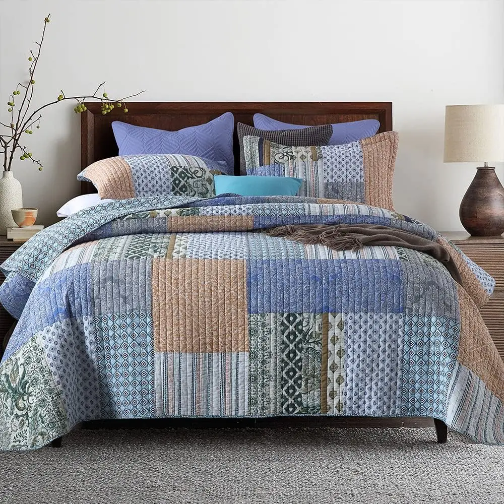 Bedspread Quilt Sets 3 count Reversible Coverlet Sets Comforters Blue Bohemian Patchwork Bedspread,Blue Paisley ,  Size