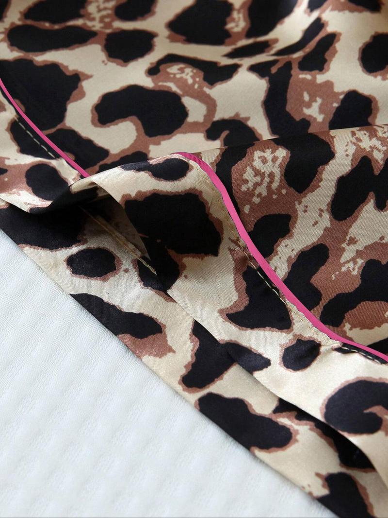 Women's Leopard Print Satin Pyjama Set, Casual Comfy Short Sleeve Pocket Shirt & Elastic Waist Shorts PJ Set, Ladies Summer Sleepwear