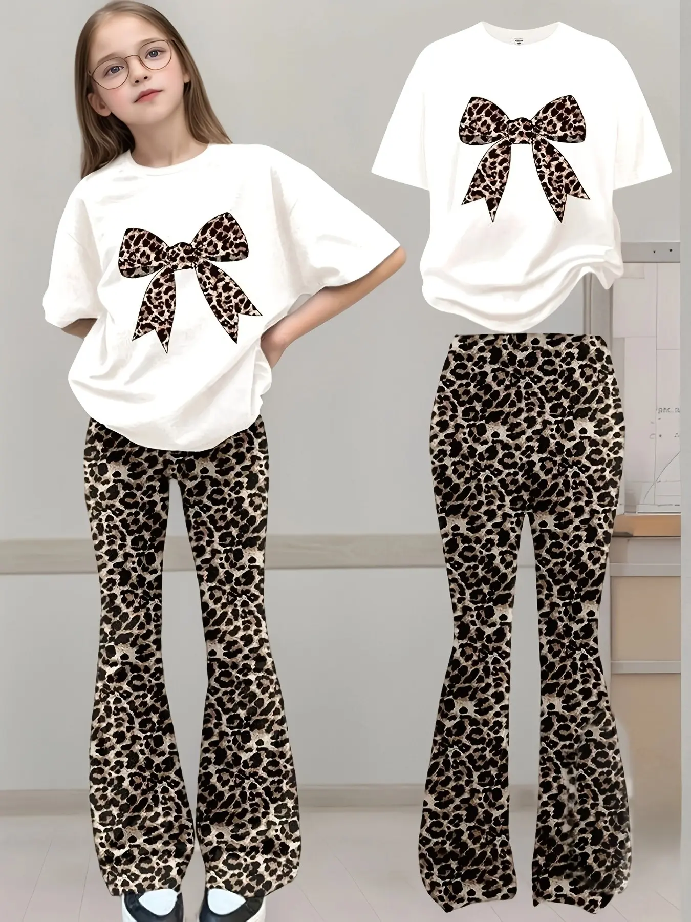 Girls' Leopard Print Bow Tie T-Shirt & Bell Bottom Pants Set, Casual Street Style, Perfect for School, Outing, Shopping, Dating, Travel
