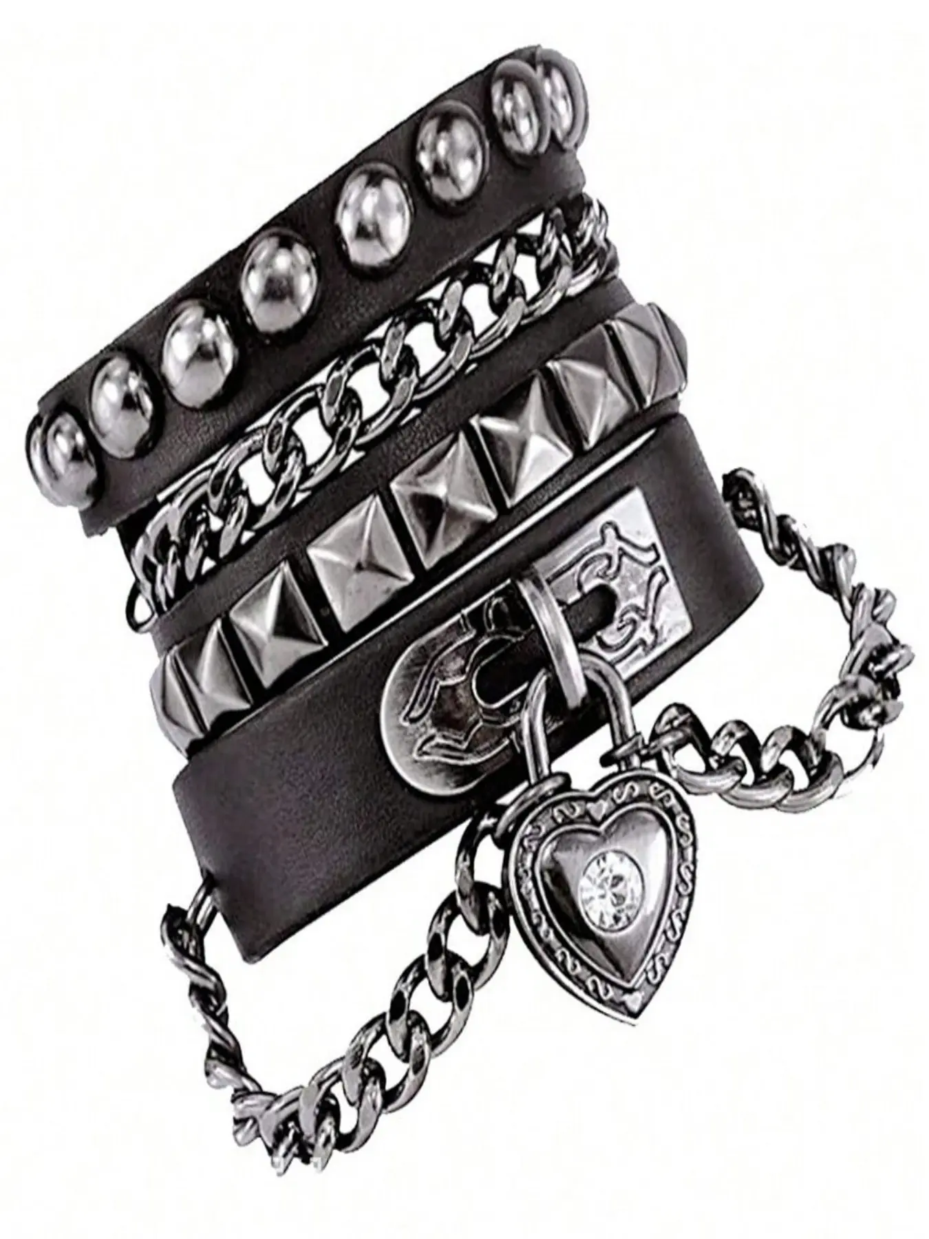 PU Leather Punk Bracelet Set: Round Studded, Chain Linked, Pyramid Studded & Heart Lock with Rhinestone Tassel Wide Cuffs, Multi-Layer Gothic Rock Biker Jewelry for Men Women, Ideal for Halloween, Rock Concert & Birthday Gift