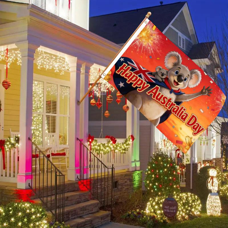 1-Pack 2D Flat Style Flag Featuring Cape with Kangaroo Mother & Australian National Flag, Decorated with Fireworks and Confetti - 2D Flat Printed National Day Theme Design - 3x5 Ft Single-Sided Hanging with Double Grommets