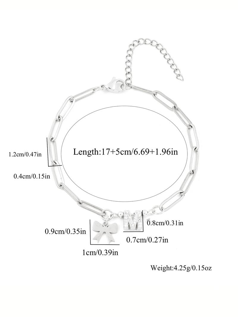 Bowknot Design Initial Bracelet, Rhinestone Decorated Link Bracelet for Women & Girls, Fashion Jewelry for Party, Daily Decor, Trendy All-match Jewelry for Gift, Personalized Jewelry