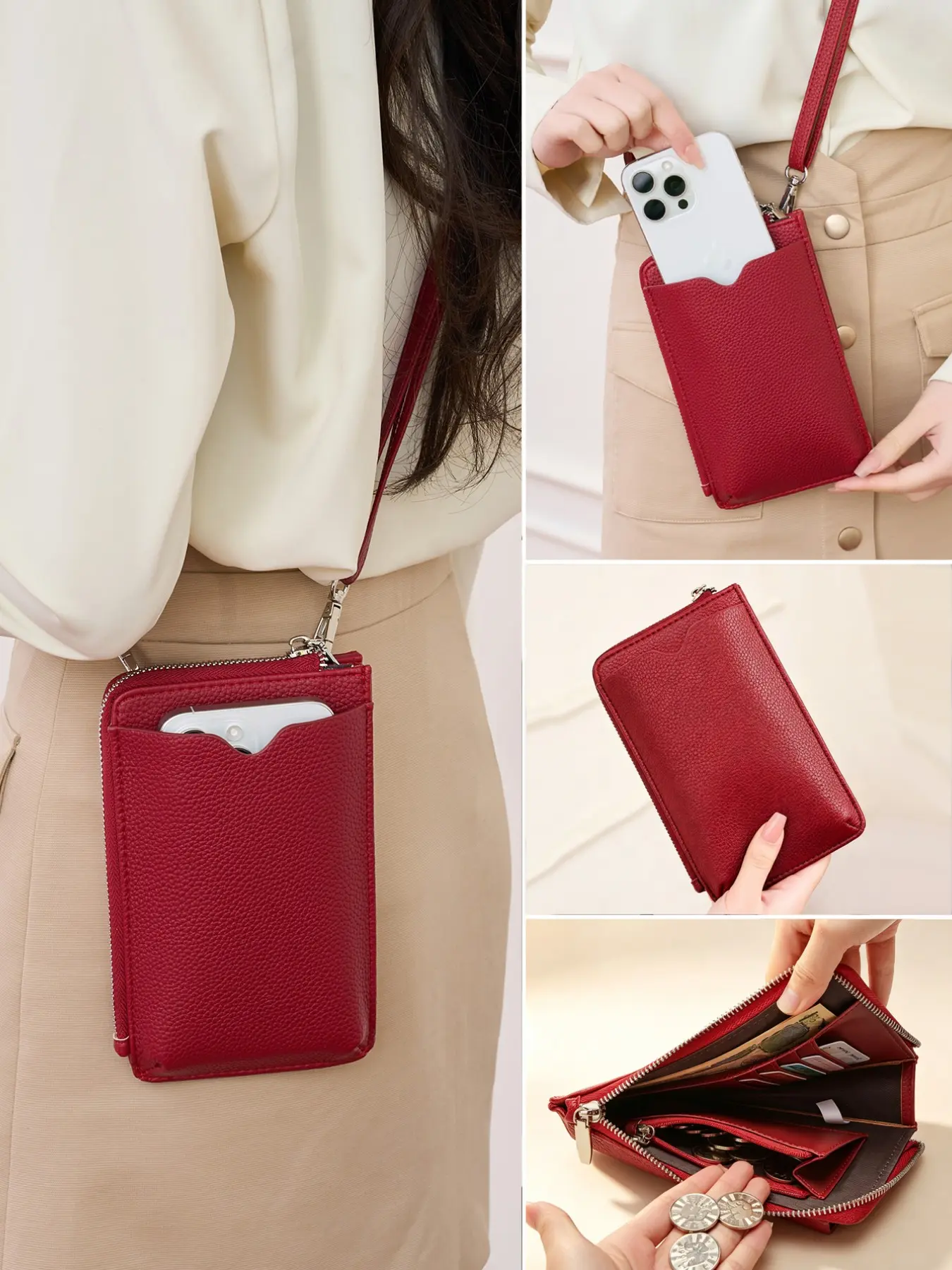 Ladies' mobile phone crossbody wallet, Cell phone purse, Casual purses, detachable shoulder strap, zipper closure, multiple compartments, large cash slot, multiple card slots, coin purse, multifunctional shoulder bag, daily travel, ideal gift