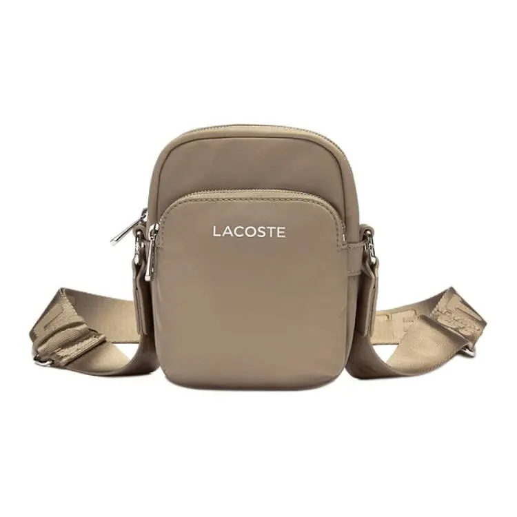 Lacoste Pure Color Logo-Emblazoned Zippered Adjustable Strap Fabric Handbag – Unisex Small Satchel in Deep Beige