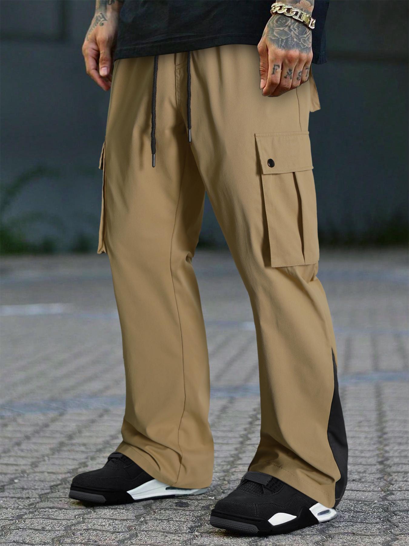 Men's Camo Print Drawstring Waist Cargo Pants, Regular Fit Street Fashion Pocket Split Hem Trousers, Men's Bottoms for All Seasons Daily Wear