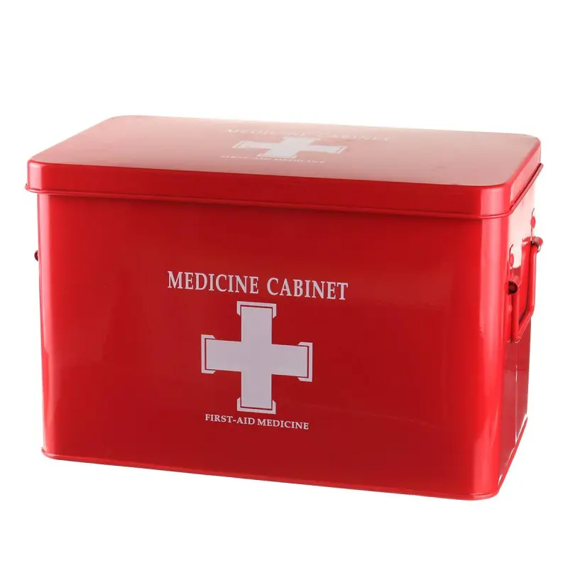 Large Red Metal First Aid Box with Removable Tray, 2-Tier Medicine Storage Tin, Emergency Medical Supply Organizer for Home, Office and Car