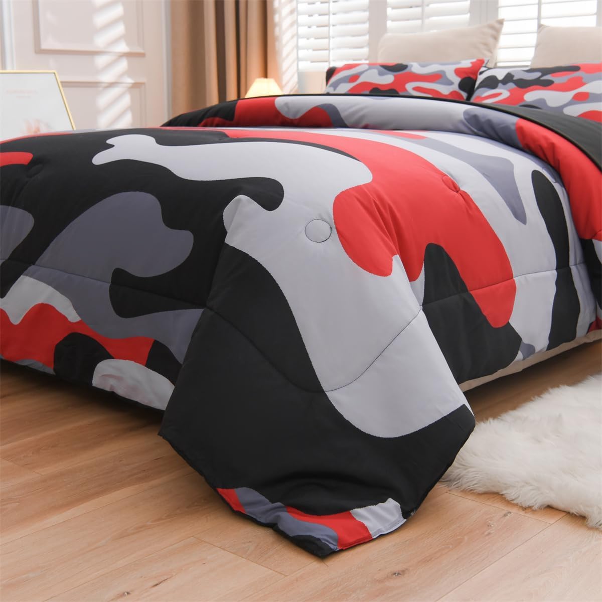 Size Camouflage Bedding Comforter Set with Sheets, Boys Girls Men Camo Bed in A Bag 5 count, Teens Dorm Bed Sets Neutral Farmhouse Lodge Cabin Army Bedspread (Red, )