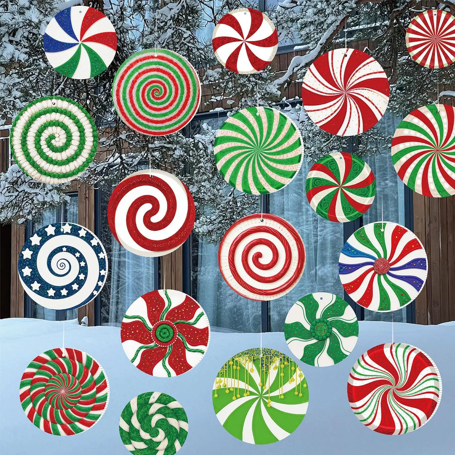 30 count Colorful Christmas Decorations Outdoor, Double-Sided Peppermint Candy Ornaments with 200FT  Line, 5.9 Inch  Lawn Signs for Xmas Tree Yard Garden Party Decor