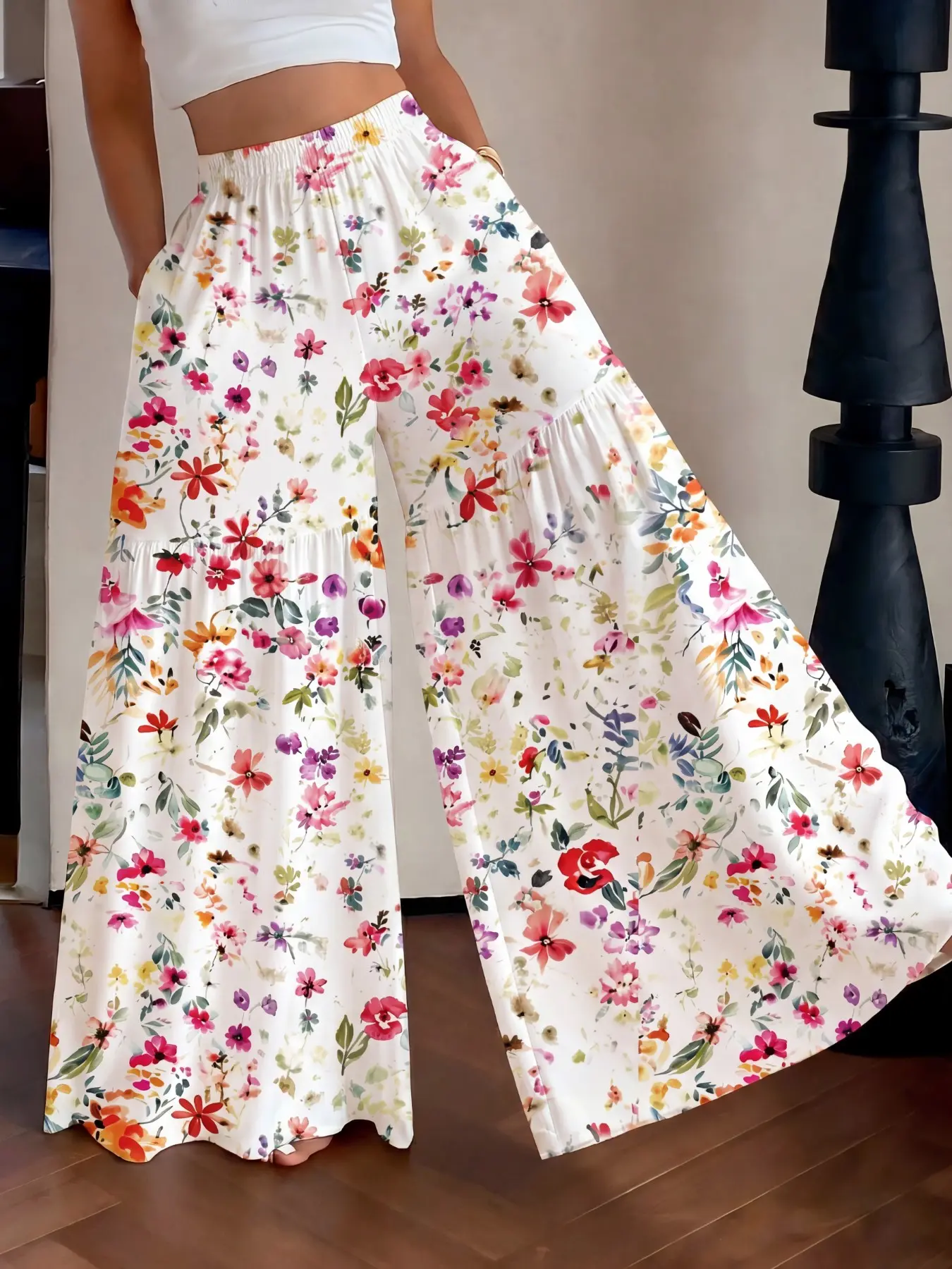 French Style Base Watercolor Ditsy Floral Loose Wide-Leg Pants, High Waist Elastic Waist, Layered Ruffle, Flowing Floor-Length Trousers