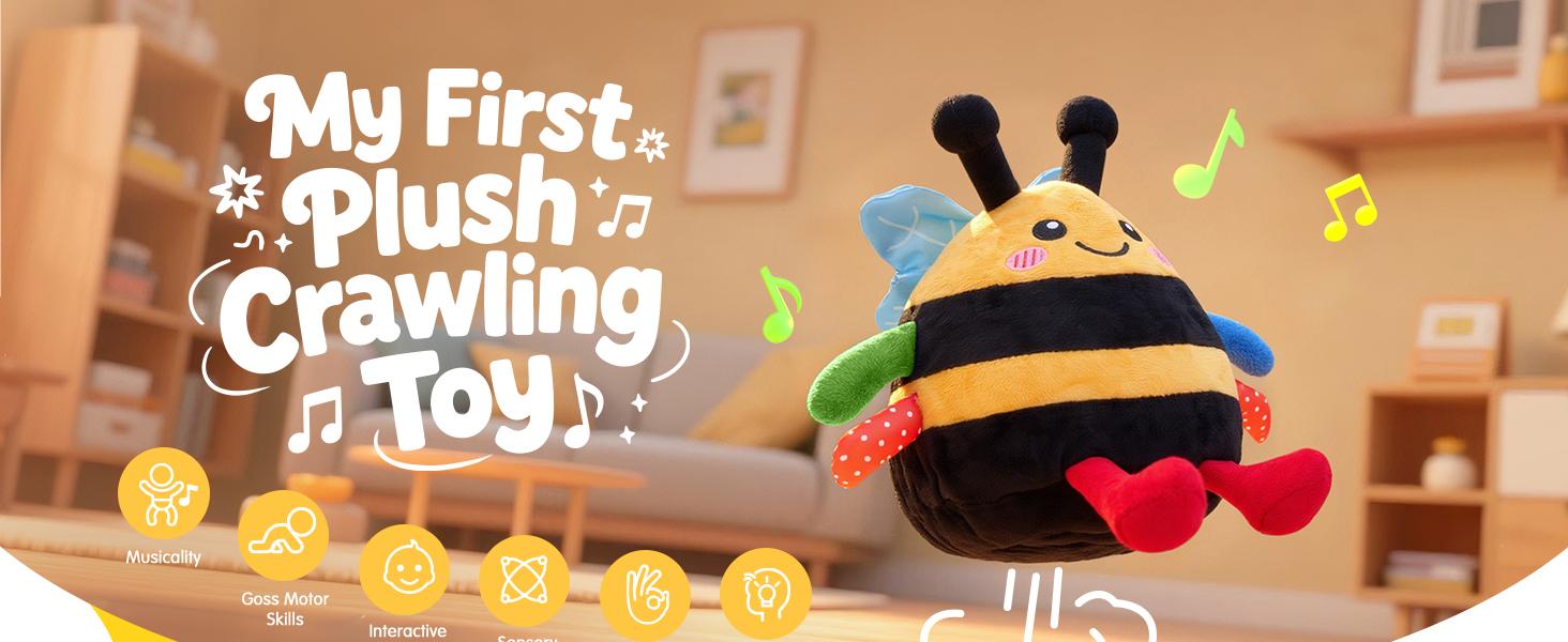 Baby Toy for 6 + 12 18 Months – Crawling Musical Dancing Bouncing Learning Bee Plush, Interactive Tummy Time Toy for 1 2 3 Year Old Boys Girls Baby Easter Basket Stuffers
