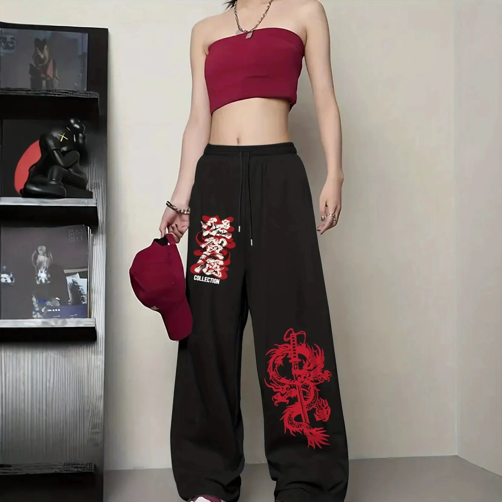 American-style hip-hop casual pants women, loose and versatile, vintage Y2K dragon print drawstring sports trousers