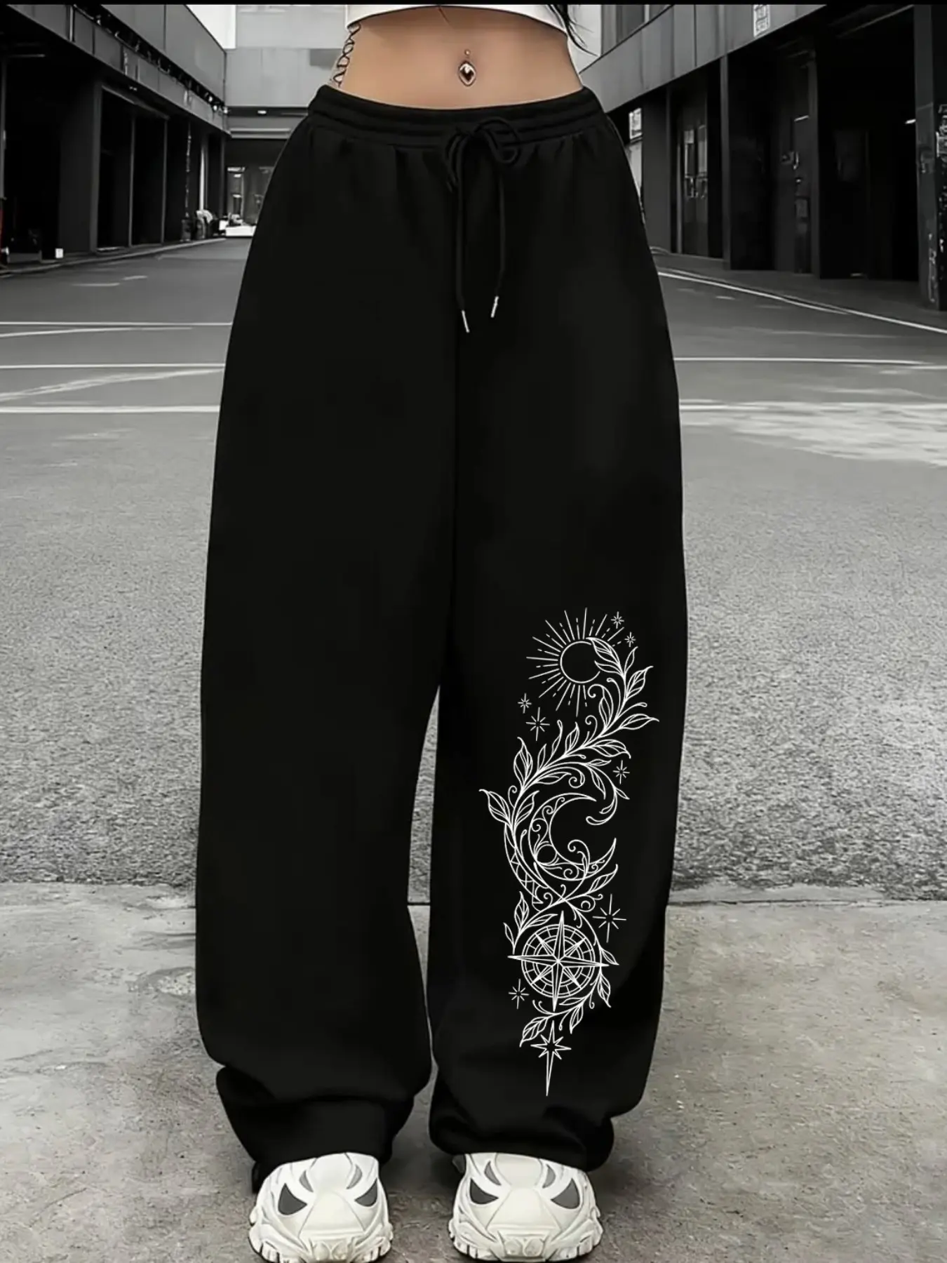 Autumn Winter New Arrival, Celestial Compass Floral Print Wide Leg Pants, Drawstring High Waist Loose Fit, Dark Witch Style Y2K Trendy Casual Pants