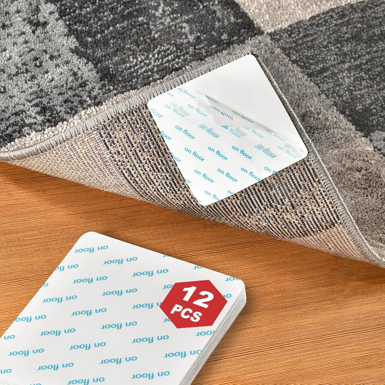 12 count Large Rug Grippers for Hardwood Floors, Non Slip Rug Anchors | Large 3.94 in square PU pads cover  area.  grip pads secure rug corners  hardwood, tile and laminate floors