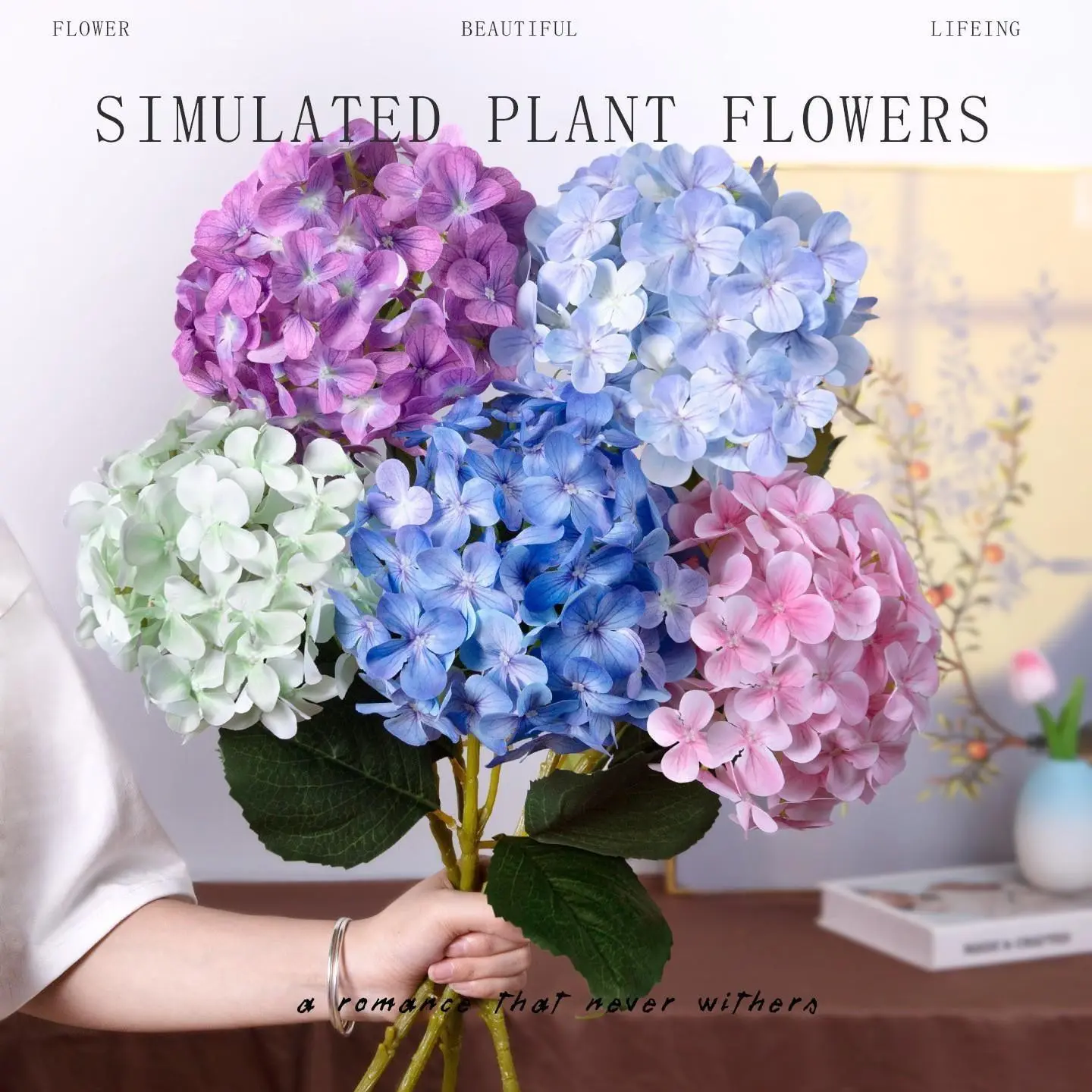 5 pieces of white hydrangea artificial flower bouquet, equipped with long flower stems and leaves. The hydrangeas are completely made of latex imitation. Suitable for Halloween, Christmas, home decoration, Mother's Day gifts, birthday gifts, party bouquet