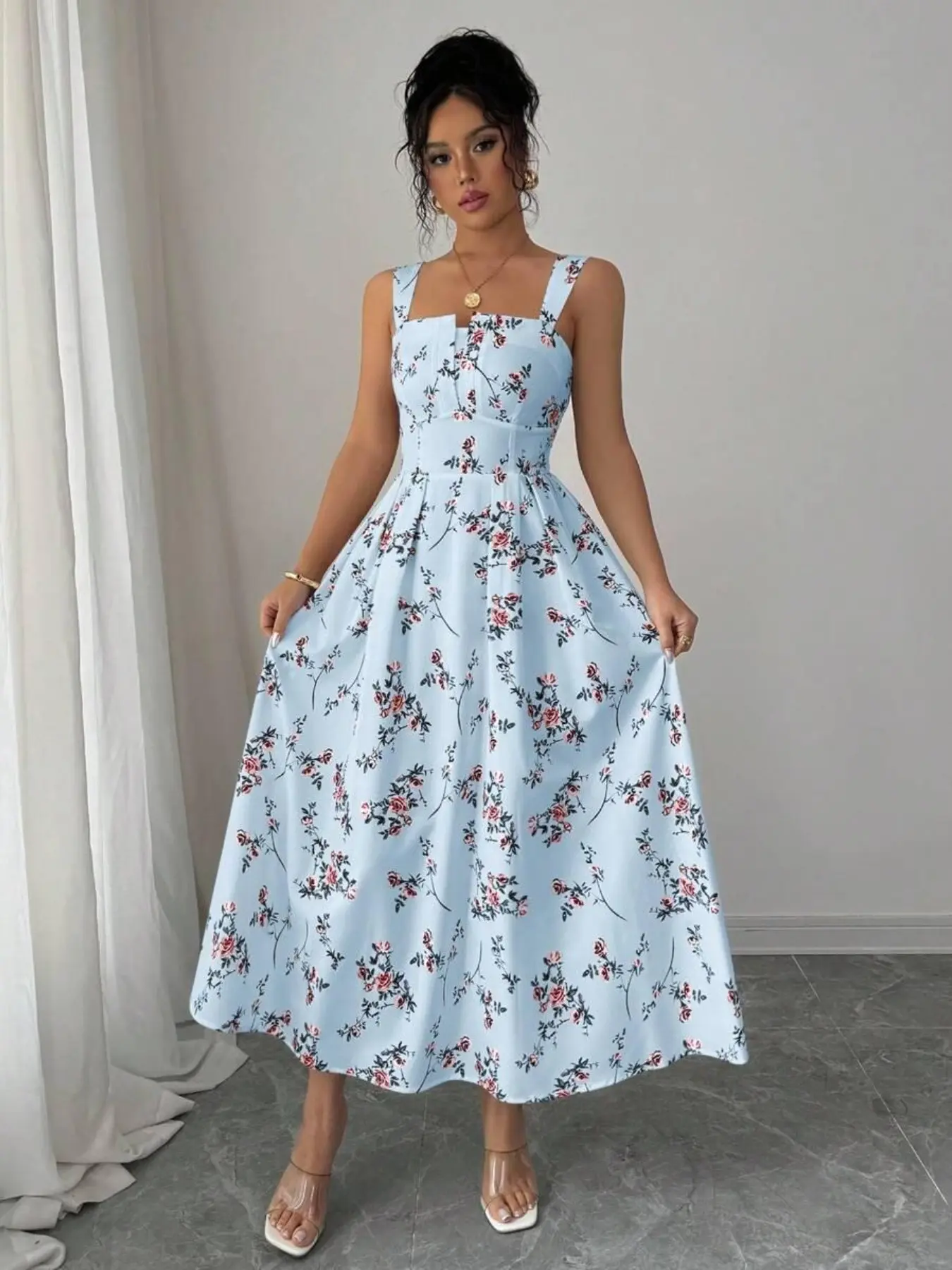 Women's New Summer Casual Lightweight Long Dress, Chic French Style Floral Pattern Strappy Thin Strap Sleeveless Long Dress, Fashionable and Comfortable Design, Flowy Summer Dress