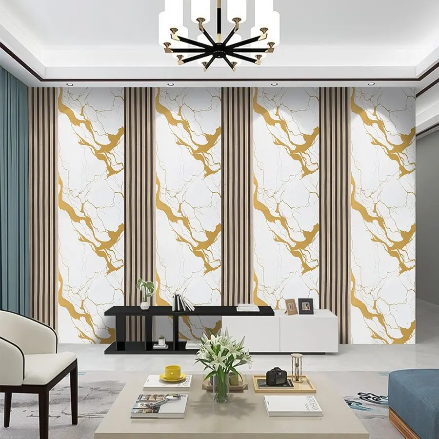 2 Rolls Luxury Gold Marble Wood Slat Self‑Adhesive Wallpaper,Waterproof Removable Peel and Stick Wall Sticker for Living Room TV Background Bedroom Home Renovation