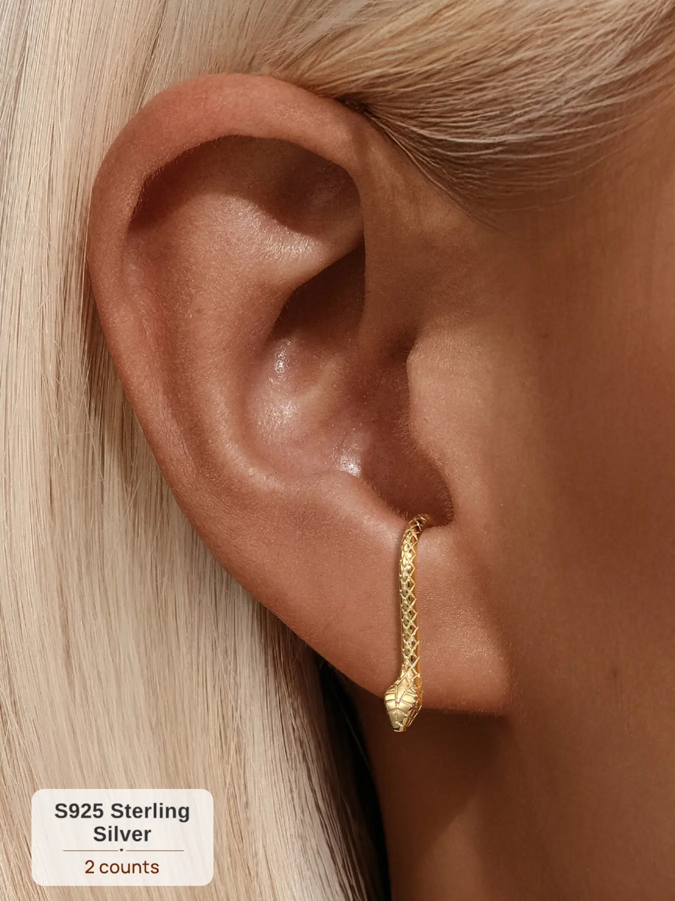 1 Pair S925 Sterling Silver Gold Plated Snake Stud Earrings, Minimalist Gothic Serpent Animal Cartilage Piercing Studs, Hypoallergenic Punk Jewelry Trendy Gift for Her, Fashion Earrings