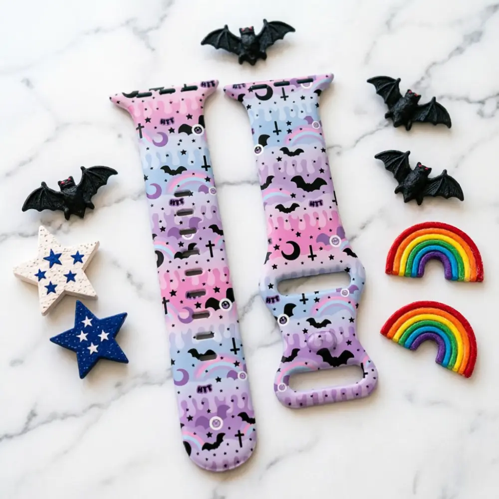 Pastel Gradient Bat Moon Cross Rainbow Print Silicone Watch Band, Halloween Gothic Y2K Style Replacement Strap Compatible with Apple Watch, Soft Adjustable Wristband for Holiday Daily Outfit