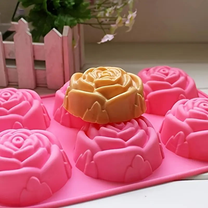 Rose Shaped Silicone Reusable Mold, Flower Silicone Mold, 1 Count 6-cavity Handmade Baking Mold, DIY Baking Mold for Handmade Soap, Candle, Cake, Chocolate, Kitchen Baking Tools, Silicone Molds