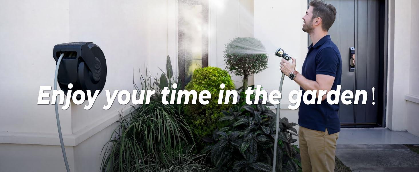 Retractable Garden Hose Reel 5/8"x100ft, 3-Ply Reinforced, High-Flow, Any Length Lock, 180 °   Swivel Bracket, Heavy-Duty Aluminum Mount, Slow Retract, Auto-Layer, 10 Spray Nozzle