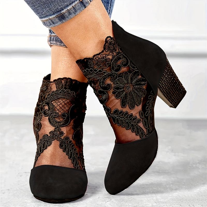Elegant Black Lace Ankle Boots with Floral Patterns - Comfortable Chunky Heel, Back Zip Closure, Round Toe Design, Breathable Fabric Upper & TPR Sole for Stylish Women Girl Footwear Walking Shoes Decor