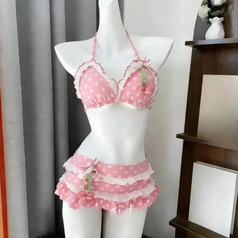 Y2K Floral Ruffle Print Two Piece Bikini Japanese Lolita Slim Sexy Women Summer Beach Daily Ladies Swim Costume