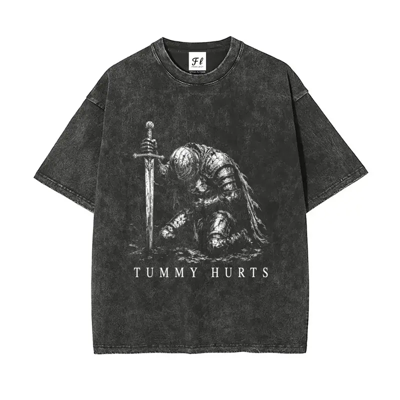 Tummy Hurts Kneeling Knight Vintage Washed T Shirt Unisex Oversized Graphic Tee