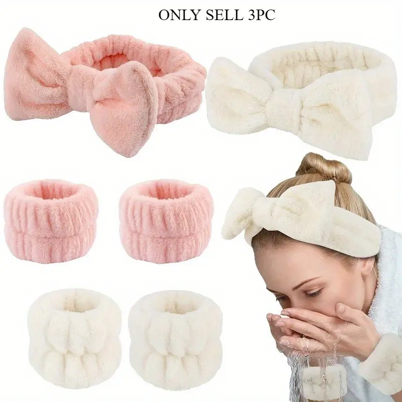 3 Pcs Spa Headband And Wristband Set Super Cute Soft Skincare Headband For Women Girls Elastic Bow SPA Headbands On Forehead With Highly Absorbent Wristbands For Washing Face Shower Make Up