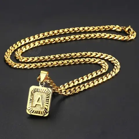 A-Z Initial Letter Pendant Necklace For Men Women, Gold Plated 5mm Square Capital Alphabet Choker, 22 Inch Curb Chain Daily Jewelry