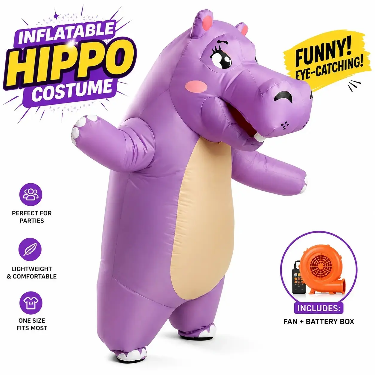 Inflatable Hippo Costume for Adults, Funny Blow Up Hippopotamus Costume, Animal Mascot Outfit for Halloween, Costume Parties, Cosplay and Festivals