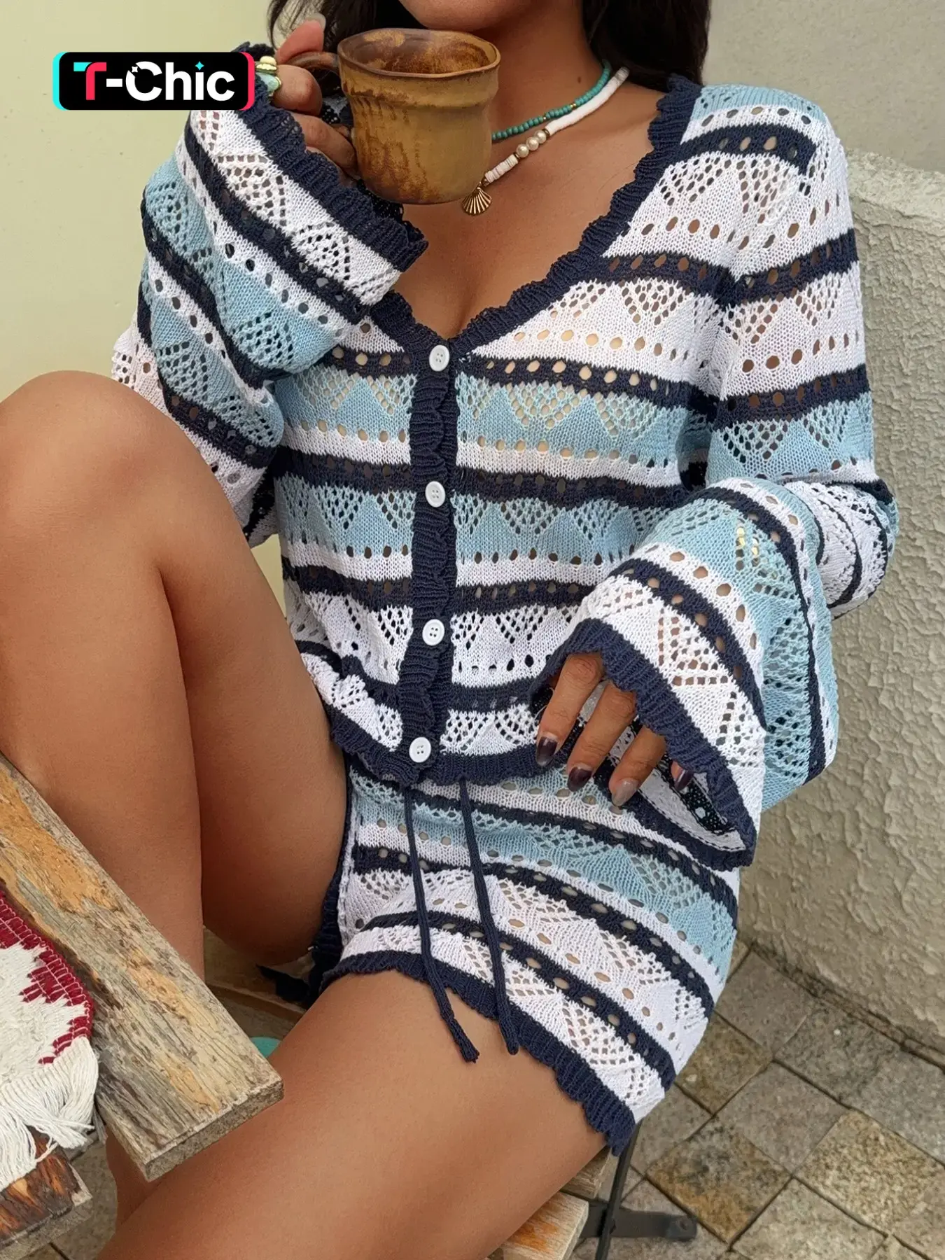 Two-Piece Summer Women's Fit Hollow Out Striped V-Neck Button Front Top, Breathable Tie Waist Shorts, Fashionable Knit Beach Resort Womenswear Set