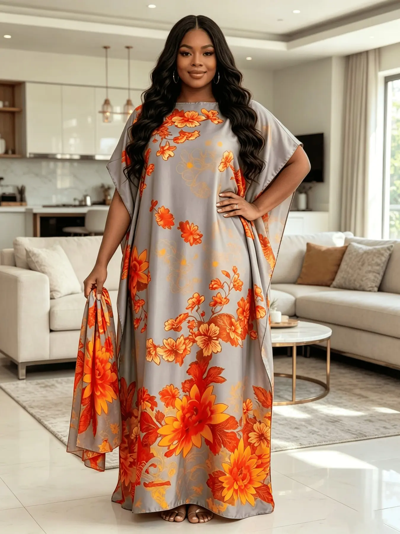 Plus Size Women's Gray Orange Gradient Floral Print Maxi Kaftan Dress with Matching Headscarf 2 Piece Set, Boho Style Lightweight Breathable Loose Batwing Casual Long Dress, Beach Resort Loungewear Cover Up for Curvy Ladies