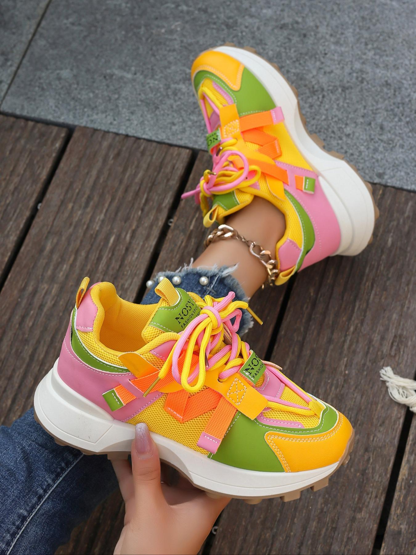 Women's Fashionable Solid / Colorblock Lace Up Sport Sneaker Walking Shoes, Casual Comfortable Breathable Sports Shoes, Female All-match Round Toe Shoes for Daily Wear