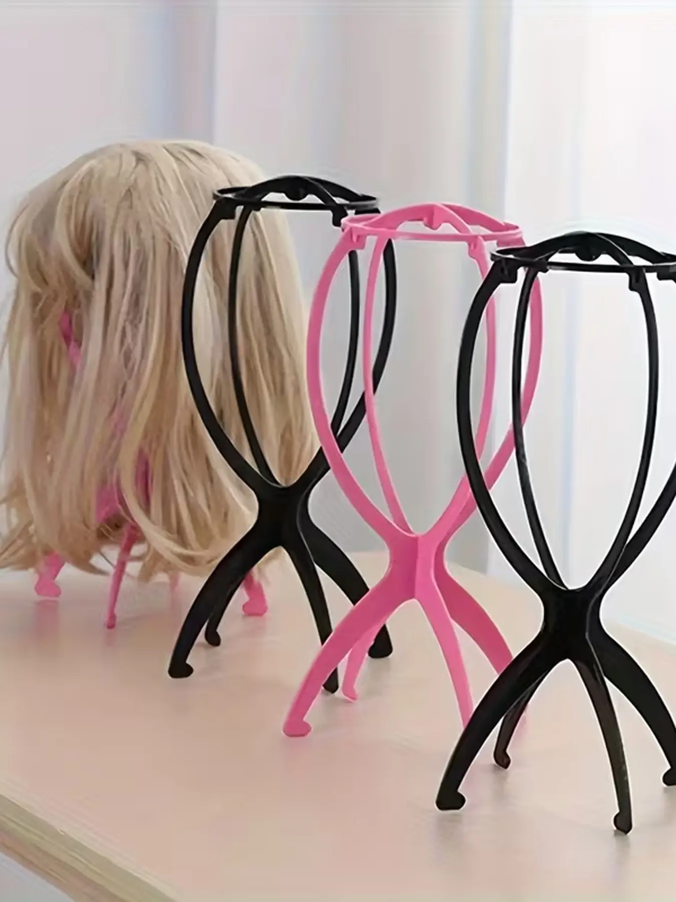 4 Pack Foldable Wig Stand Holder, Portable Wig Display Rack Organizer, Space Saving Hair Extension Stand for Wigs, Hats and Hair Accessories, Easy Storage Solution for Home Salon Use, Hair Accessory Stand