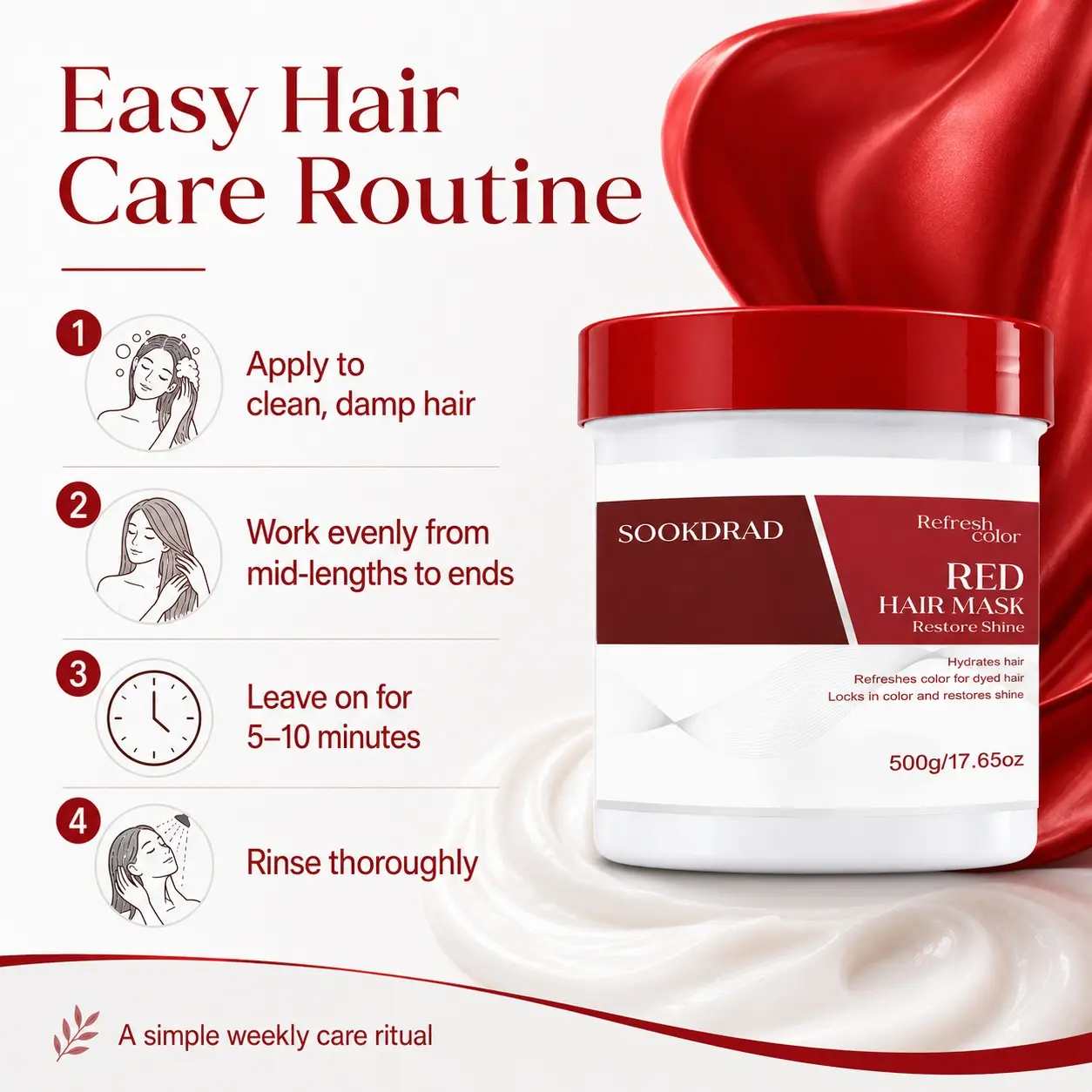 Red Hair Mask, refresh dyed hair color, hydrate hair, lock in color, restore shine, 500g