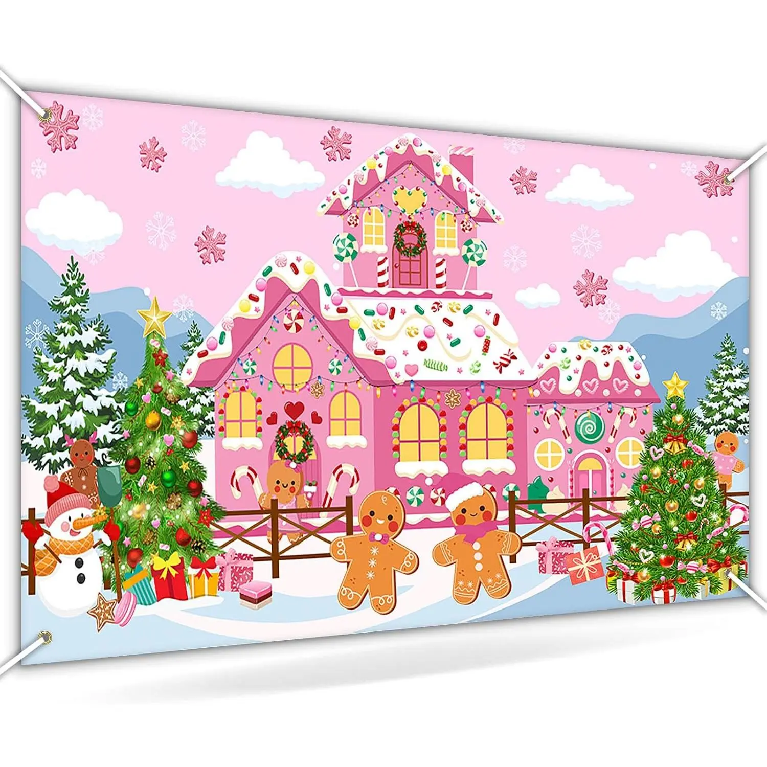 Gingerbread House Backdrop Banner Christmas Wall Door Decorations | 6x3.6 ft, Gingerbread Christmas Candyland Party Background
