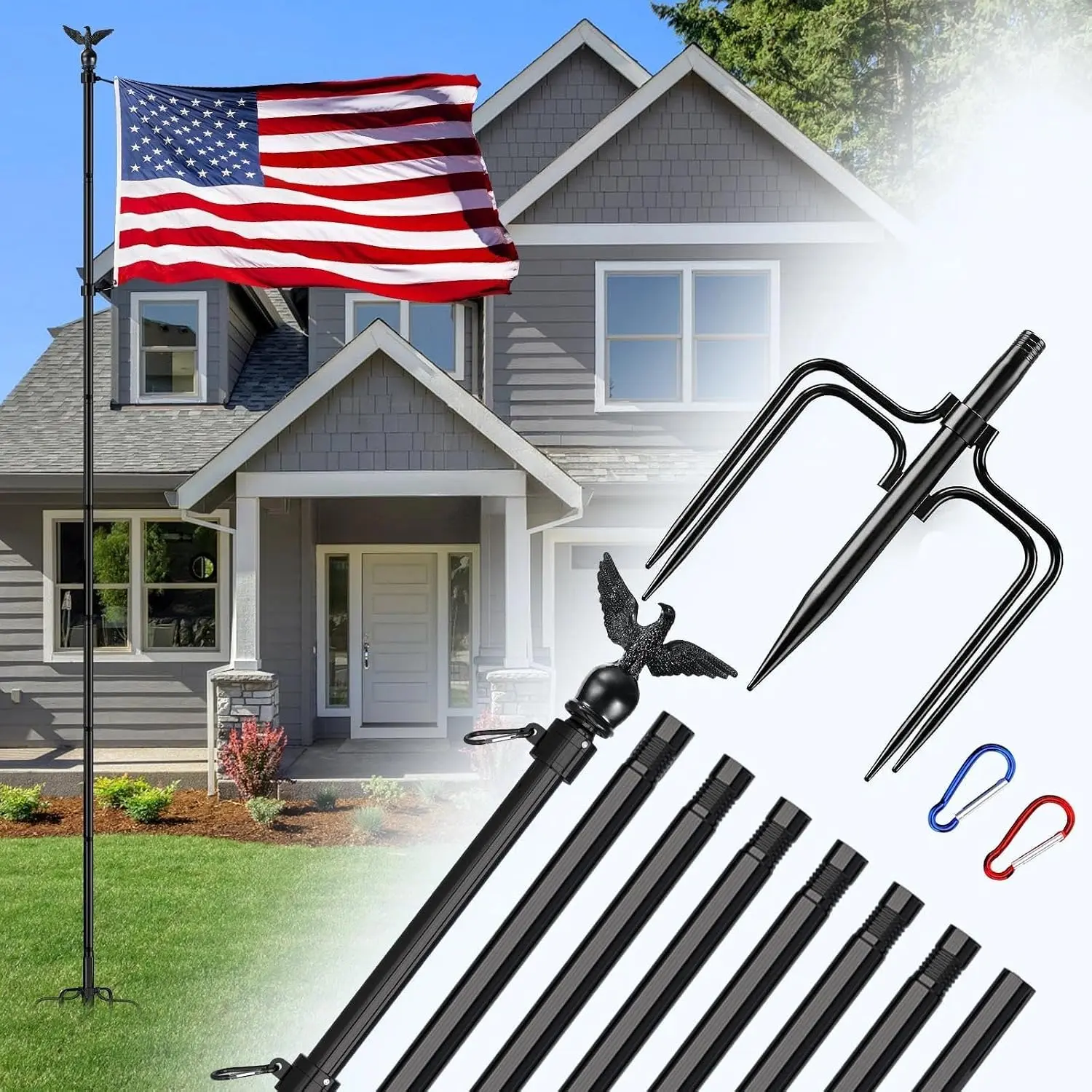 10 FT In-Ground Flag Pole for Outside House, Heavy Duty Wind Resistant Flagpole with Upgraded 5-Prong Base,Portable Mount Flapoles Kit for Yard, Garden Decor, Residential Commerical, Black
