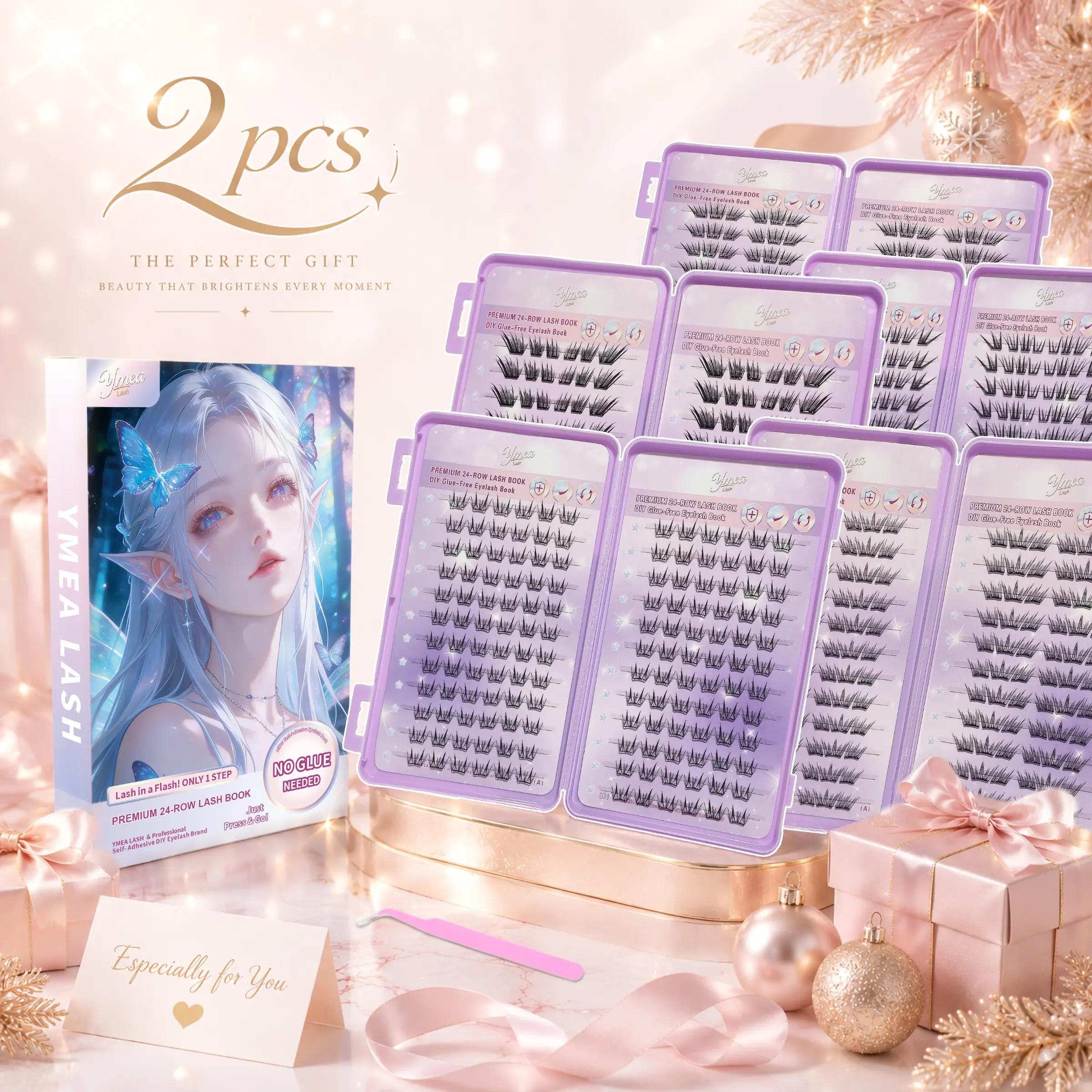 2PCS Self Adhesive DIY Cluster Lashes with Tweezer, Multiple Styles Available Natural Fluffy Wispy Volume Manga False Eyelashes, No Glue Needed Pre-Glued Reusable Lash Extensions, Instant Stick On & Easy Remove, Lightweight Invisible Band, Big Eye Effect